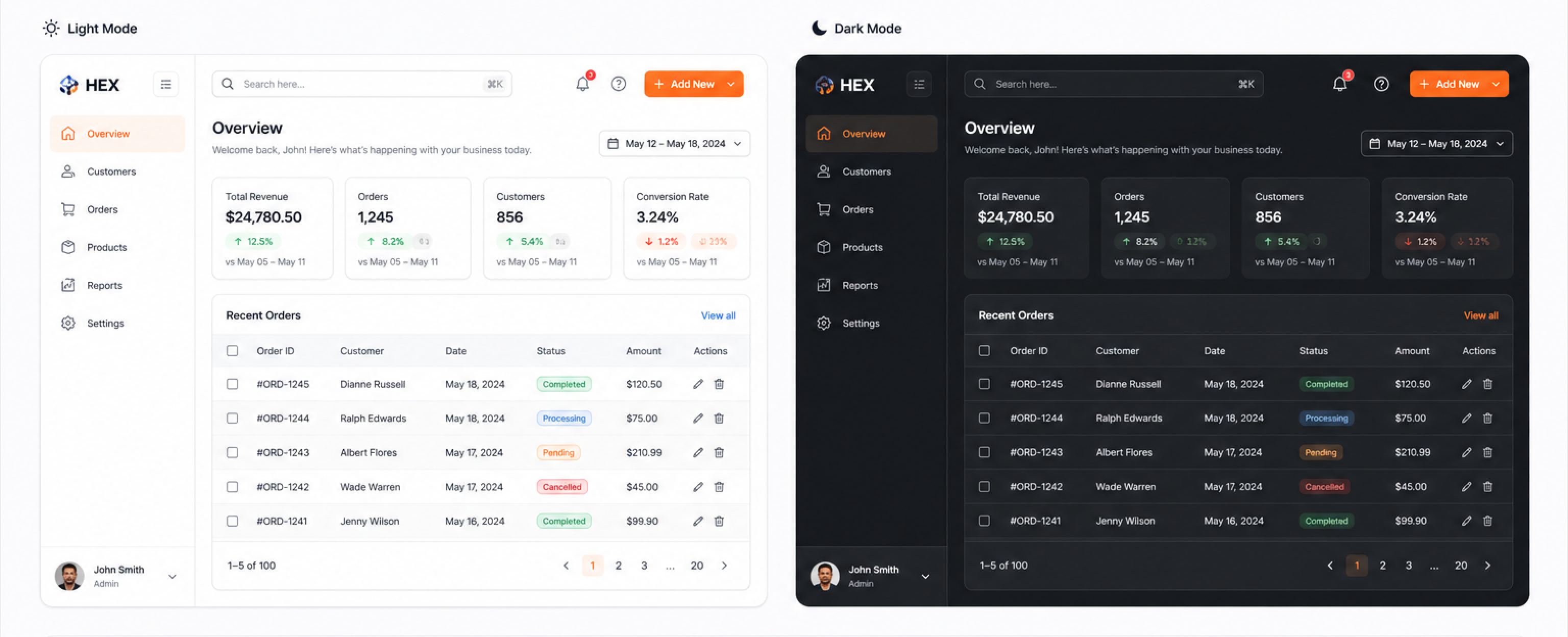 HEX light and dark theme token application comparison